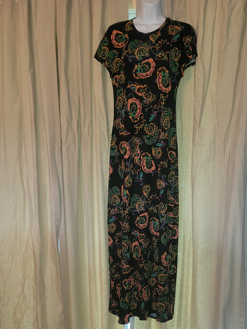 LuLaRoe Black Maxi Dress with Pink, Green and Gold Floral Swirls